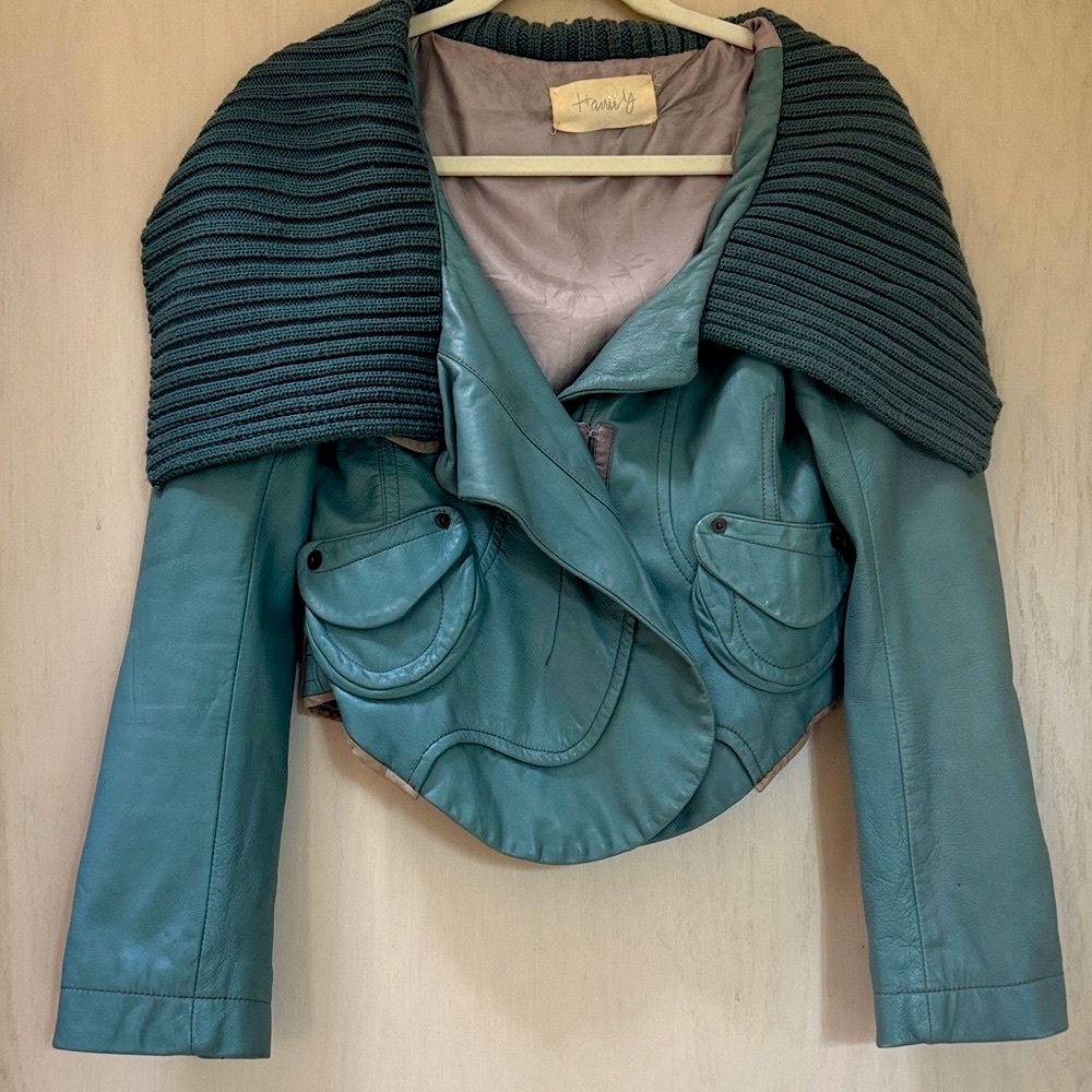 Vintage Stylish Teal Lamb Leather Jacket with Knit Collar